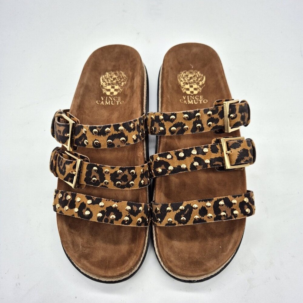 Vince Camuto Ciandra Size 9.5 M Slip On Slide 3 Straps Buckle Brown Flat 934 - Picture 1 of 8
